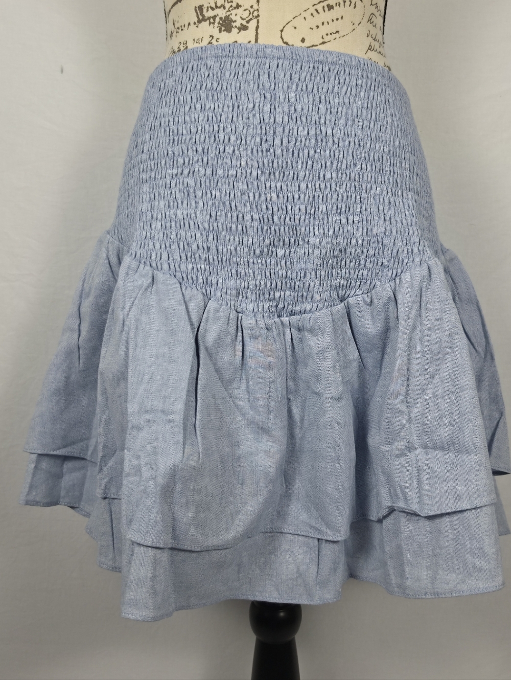NWT LOST + WANDER Blue Lagoon Smocked Ruffle Mini Skirt Linen Blend - Large